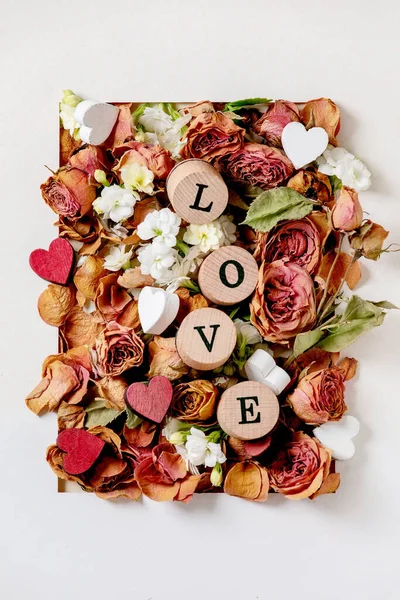 Beautiful Botanical Composition Valentines Day Creative Layout Dry Roses Petals — Stock Photo, Image