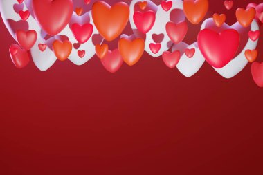 3D Sevgililer Günü tebrik kartı pembe arka planda renkli hacimli kalpler..