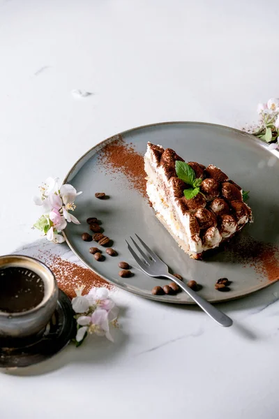Tranche Tiramisu Maison Sans Gluten Dessert Italien Traditionnel Saupoudré Cacao — Photo