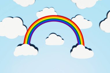 LGBT Gurur konsepti. LGBT gökkuşağı ve mavi gökyüzü üzerinde gölgeleri olan farklı şekilli beyaz düz bulutlarla soyut bir arkaplan. Yaratıcı düzen. Uzayı kopyala, 3d oluşturucu