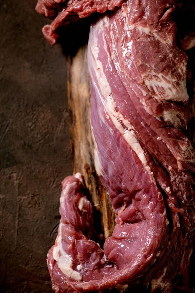 Fresh Whole Raw Beef Tenderloin Meat Wooden Board Dark Brown — Stock Photo, Image