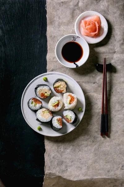 Homemade Sushi Rolls Set Salmon Japanese Omelette Avacado Ginger Wasabi — Stock Photo, Image
