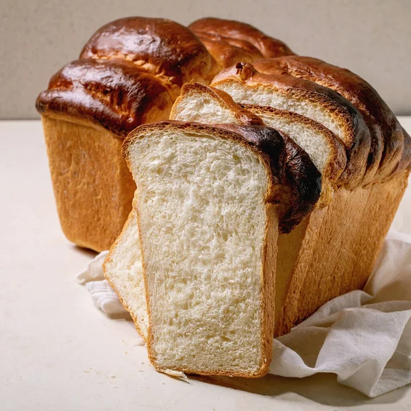 Homemade Hokkaido Wheat Toast Bread Whole Sliced White Cloth Table — Stock Photo, Image