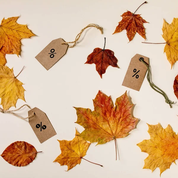 Herbstverkaufskonzept Kartonetiketten Mit Prozentzahlen Verschiedene Gelbe Herbstblätter Auf Beigem Hintergrund — Stockfoto