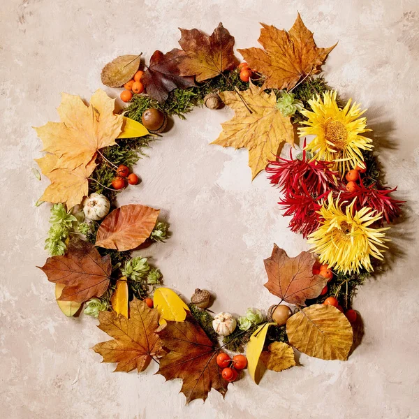 Beautiful Autumn Botanical Wreath Composition Creative Layout Flowers Moss Yellow — Stock Photo, Image