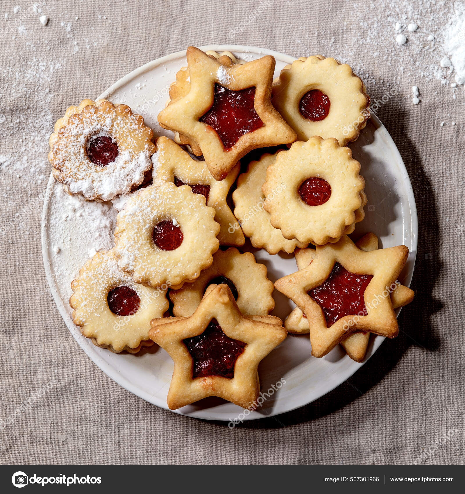 Homemade Traditional Linz Shortbread Biscuits Cookies Red Jam Icing Sugar Stock Photo by