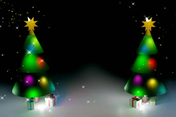 Due Alberi Natale Illuminati Con Scatole Regalo Sfondo Nero Rendering — Foto Stock