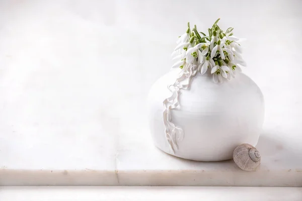 白色瓷瓶中的一丛簇新鲜的雪花 白色大理石桌上有蜗牛壳 春季作曲 — 图库照片