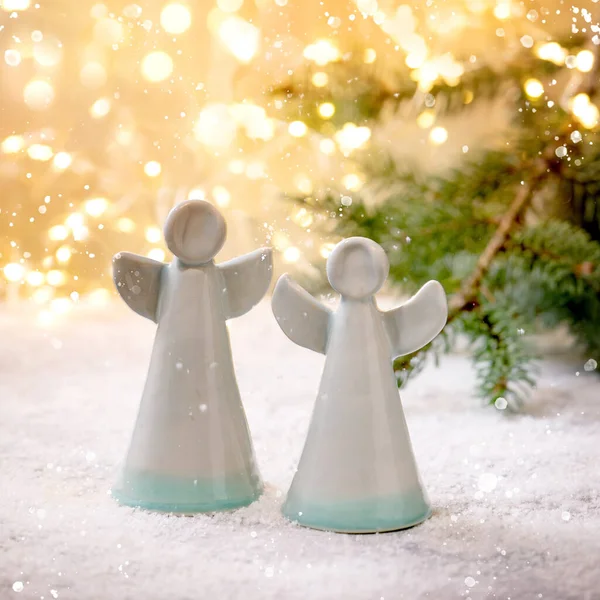 Keramiek Kerst Engelen Set Van Twee Ambachtelijke Handgemaakte Kerst Decoratie — Stockfoto