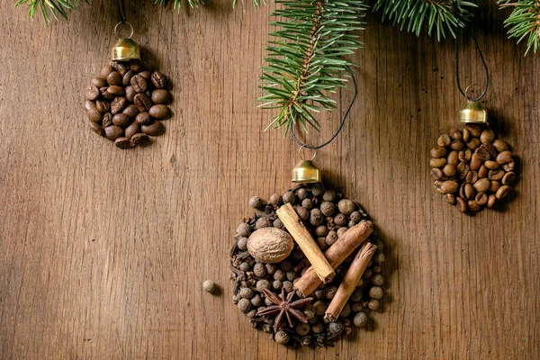Aromatic Spices Collection Different Coffee Beans Christmas Balls Shape Fir — Stock Photo, Image