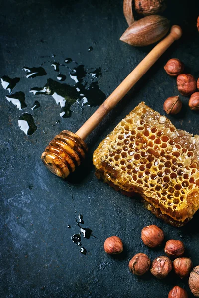 Honingraat en noten — Stockfoto