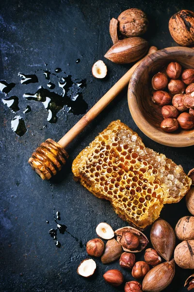 Honingraat en noten — Stockfoto