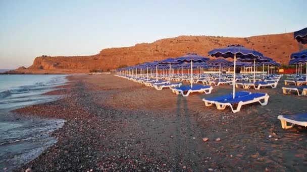 Playa del mar de la mañana con tumbonas azules vacías — Vídeos de Stock