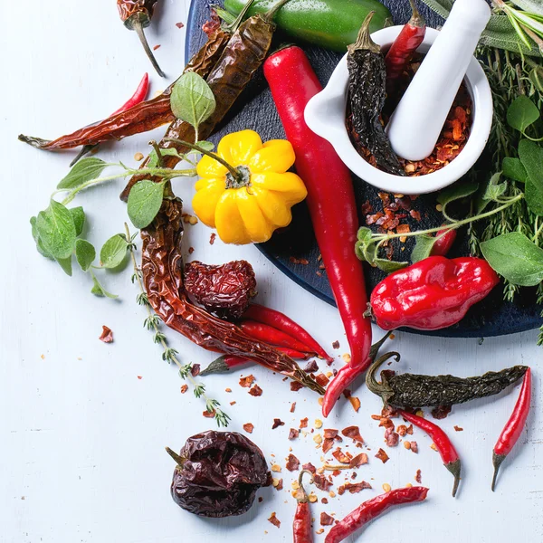 Sortimento de pimentas e ervas — Fotografia de Stock