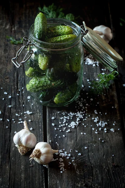 Preparação de pepinos conservados em escabeche de baixo sal — Fotografia de Stock