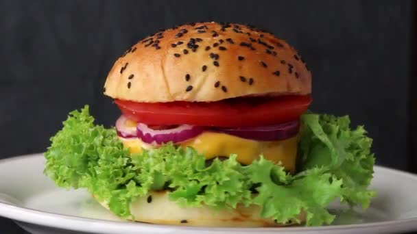 Rotierende Keramikteller mit frischem hausgemachten Burger vor dunklem Hintergrund — Stockvideo