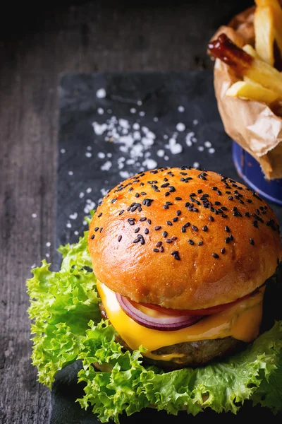 Hemlagad hamburgare med pommes frites — Stockfoto