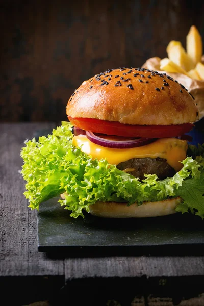 Házi hamburger, hasábburgonyával — Stock Fotó