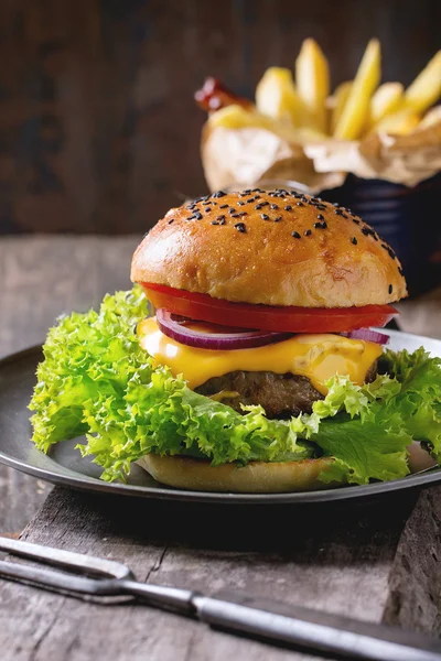 Hausgemachter Hamburger mit Pommes — Stockfoto