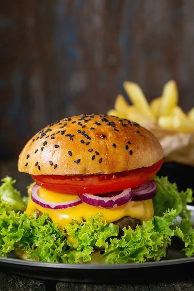 Hamburguesa casera con papas fritas —  Fotos de Stock