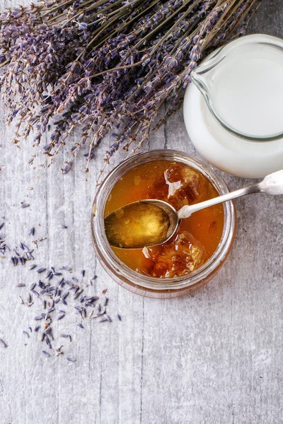 Honey, milk and lavender — Stock Photo, Image