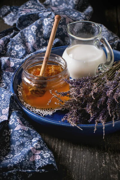 Honey, milk and lavender — Stock Photo, Image