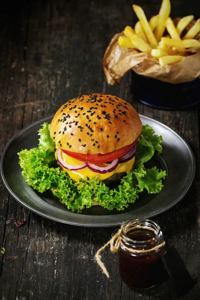 Domácí hamburger s hranolky — Stock fotografie