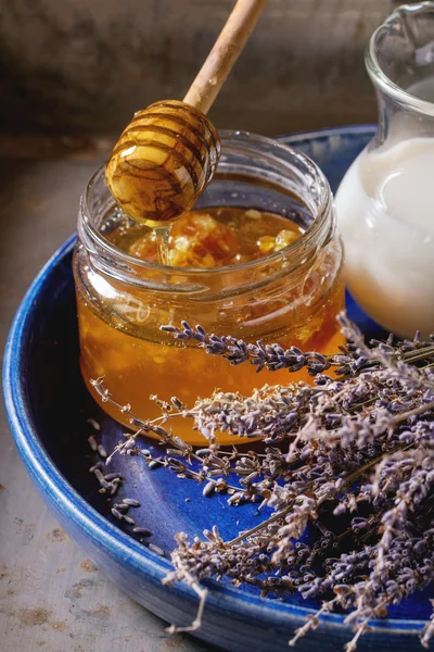 Honey, milk and lavender — Stock Photo, Image