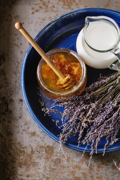 Honey, milk and lavender — Stock Photo, Image