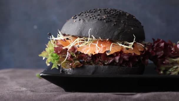 Twee zelfgemaakte hamburgers met gezouten zalm, rode biet kotelet, spruiten en groene salade op zwarte plaat zwarte over donkere achtergrond — Stockvideo