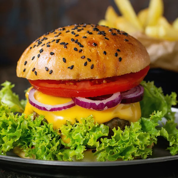 Huisgemaakte hamburger met frietjes — Stockfoto