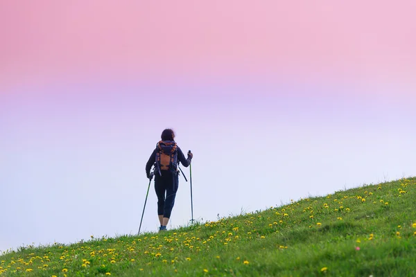 Menina faz trekking sozinho — Fotografia de Stock