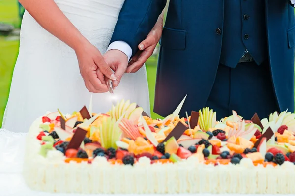 Κέικ κοπής κατά τη διάρκεια μιας δεξίωσης γάμου — Φωτογραφία Αρχείου