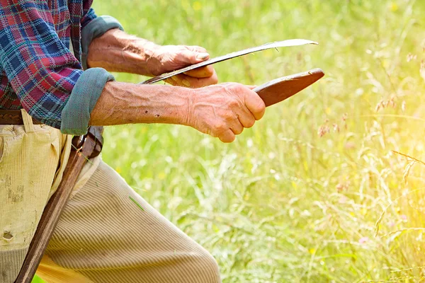 Farmer with beard sharpening his scythe for using to mow the gra — Stock Photo, Image