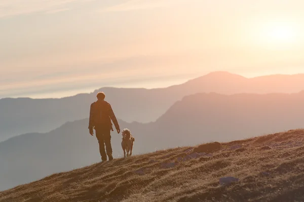 Muž se psem v horách — Stock fotografie