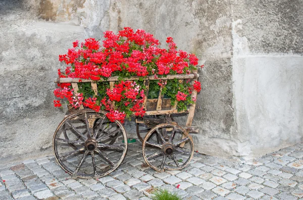 Antique wagon with red flowers — Stock Photo, Image