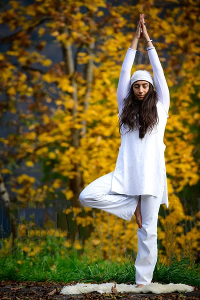 Young Woman Yoga Practice Autumn Nature — Stock Photo, Image