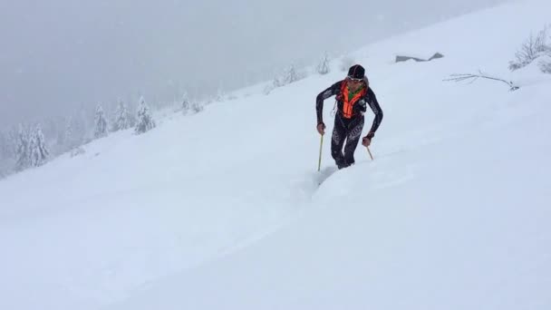 Ski Mountaineer Man Athlete Training Big Snowfall Slow Motion — ストック動画