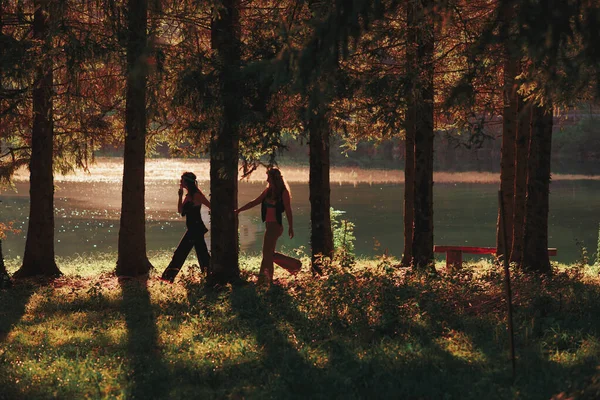 ヒッピー女性のペアが森の中で手をつないで歩く — ストック写真