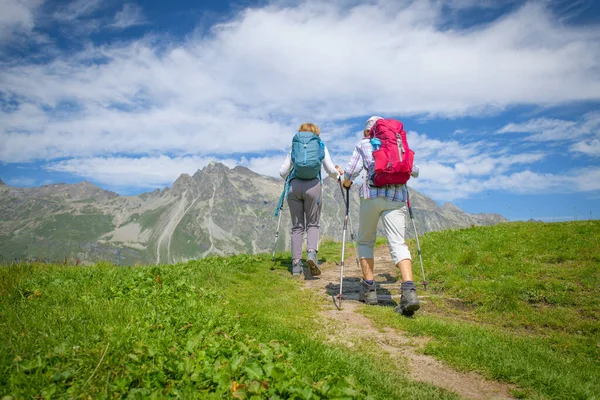 Φιλικό Ζευγάρι Ηλικιωμένων Κατά Διάρκεια Μιας Βόλτας Στα Βουνά — Φωτογραφία Αρχείου