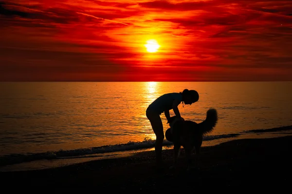 Fille avec chien sur la plage — Photo