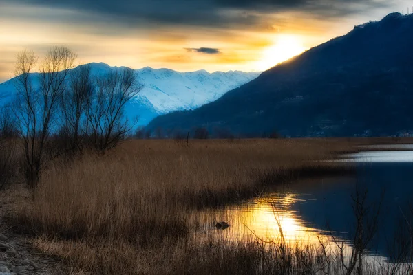 Puesta de sol en un río en las montañas en la pradera — Foto de Stock