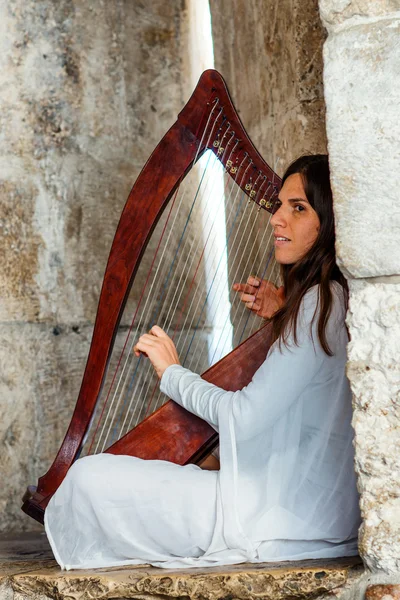 Jerusalém, Israel- 2 de maio de 20015 - Menina harpa jogador na rua — Fotografia de Stock