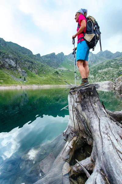 Vrouw wandelaar op een droge stomp in een bergmeer — Stockfoto