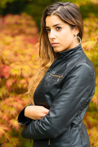 Porträtt av vacker ung flicka med en bakgrund av höstens lea — Stockfoto