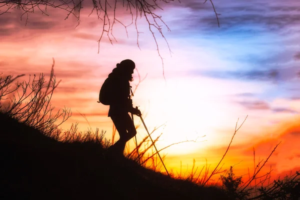 Girl hiking in silhouette — Stok Foto
