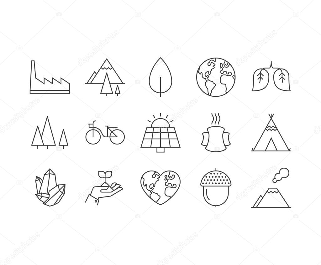 Set of thin mobile icons ecology metaphors, nature and environme