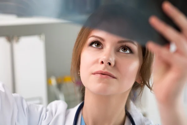 Young female doctor looking at lungs x-ray — Stock Photo, Image