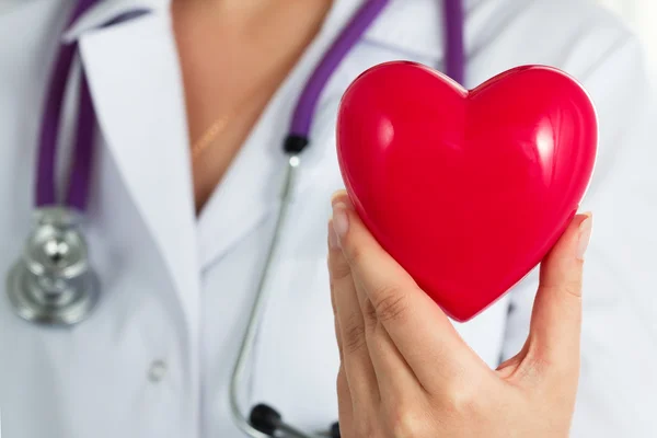 여성 의학 의사 손에 빨간 장난감 심장 근접 촬영에서 개최 — 스톡 사진