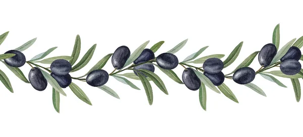 Black olives watercolor seamless ornament — Stock Photo, Image
